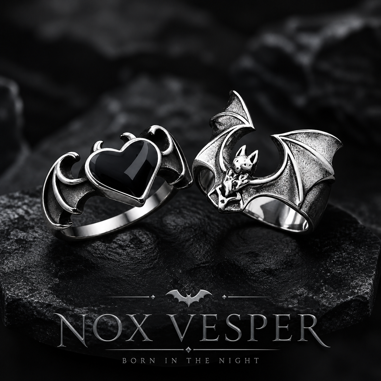 dark alternative couples rings matching set silver