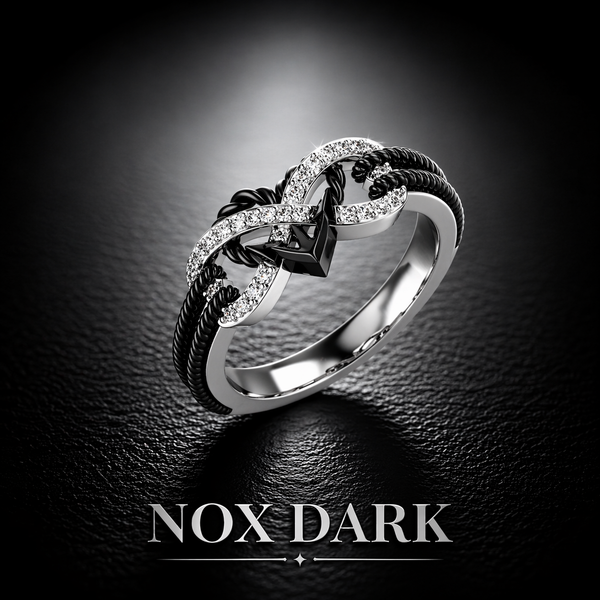dark alternative gothic couples ring set NOXARIS close up